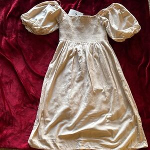 7 for All Mankind Linen Cream Puff Sleeve Smocked Midi Dress